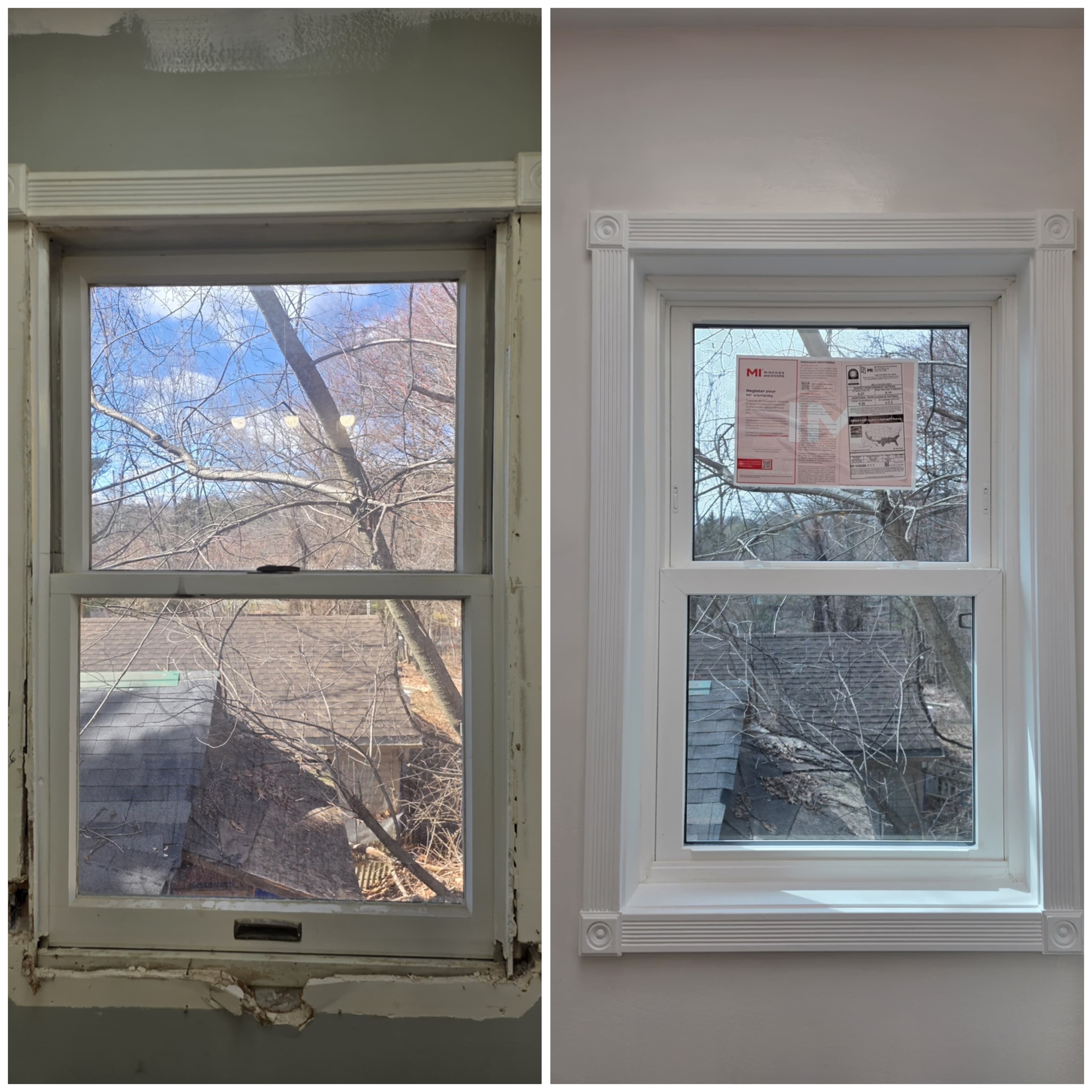 Before and after comparison of window replacement — old deteriorated frame vs new MI Windows double-hung, Rockland County NY
